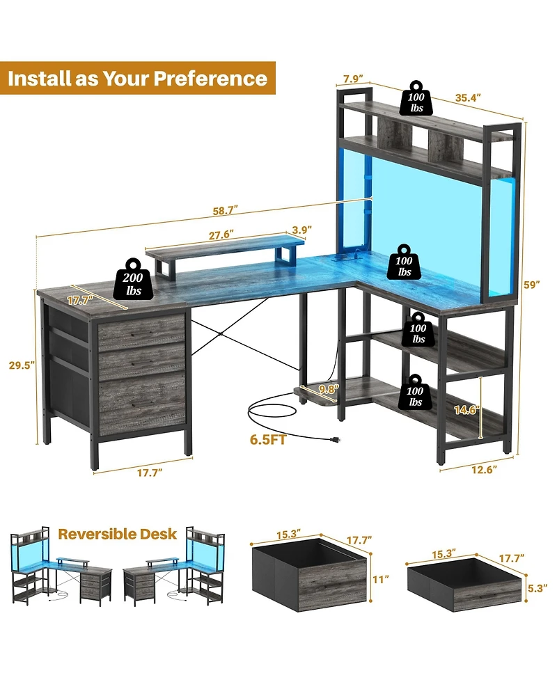 Aheaplus 59'' W L-Shaped Computer Desk with Tall Hutch,Corner