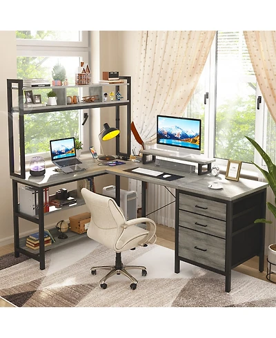 Aheaplus 59'' W L-Shaped Computer Desk with Tall Hutch,Corner