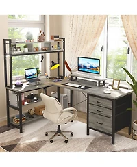 Aheaplus 59'' W L-Shaped Computer Desk with Tall Hutch,Corner