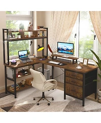 Aheaplus 59'' W L-Shaped Computer Desk with Tall Hutch,Corner