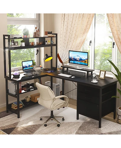 Aheaplus 59'' W L-Shaped Computer Desk with Tall Hutch,Corner