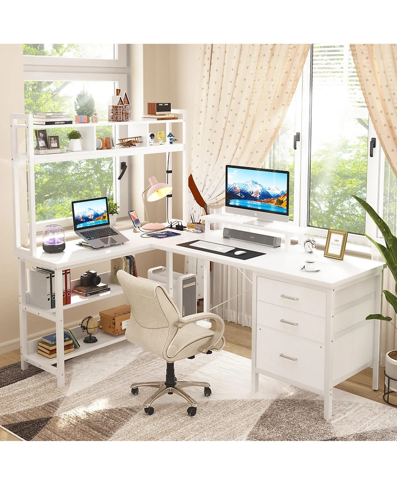 59'' W L-Shaped Computer Desk with Tall Hutch,Corner
