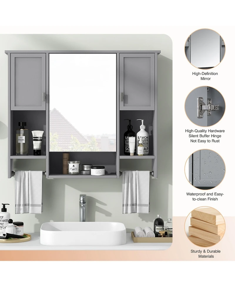 Casainc 35'' x 28'' Modern Wall Mounted Bathroom Storage Cabinet with Mirror & Towel Bar