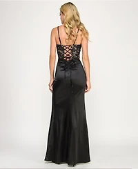 Katia Rae Juniors' V-Neck Lace-Up Gown