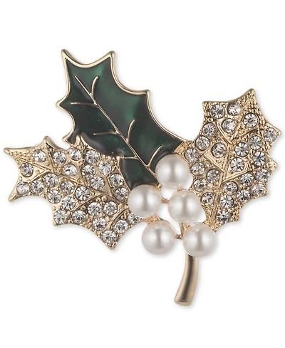 Anne Klein Glass Pearl and Glass Stone Gold-Tone Boxed Holly Branch Pin