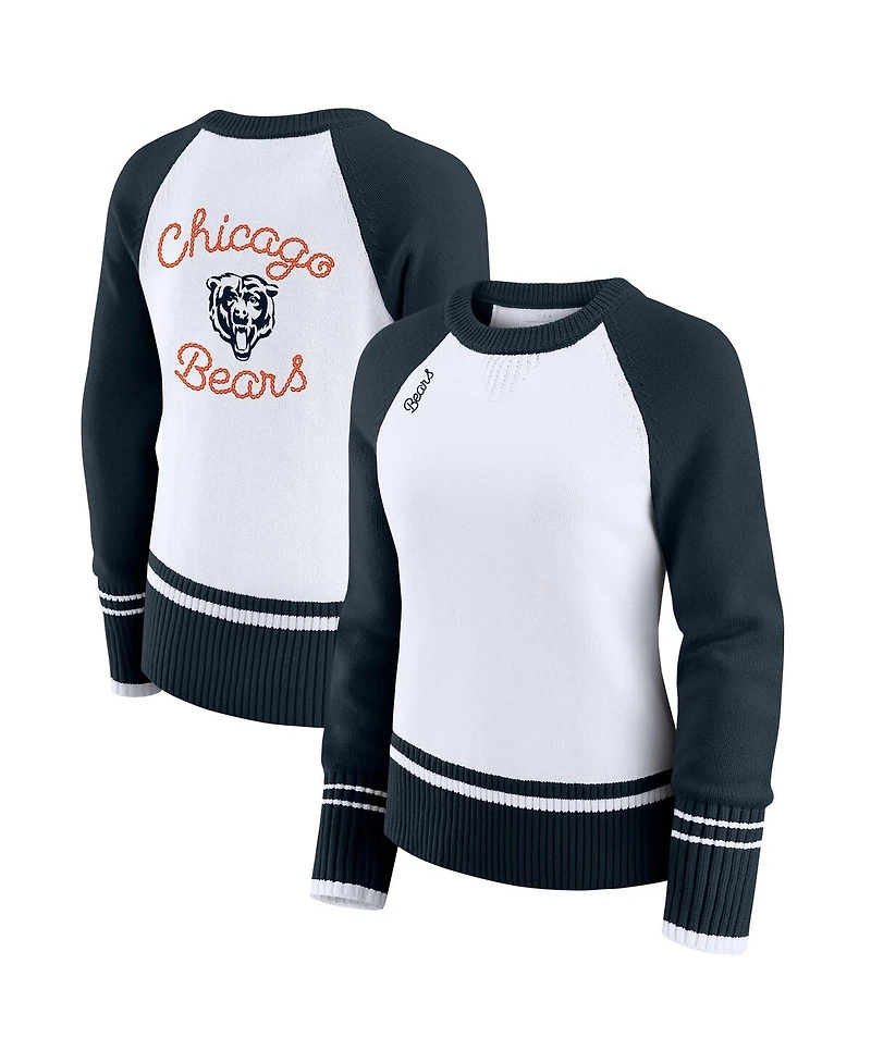 Wear by Erin Andrews Women's White/Navy Chicago Bears Color Block Raglan Sweater