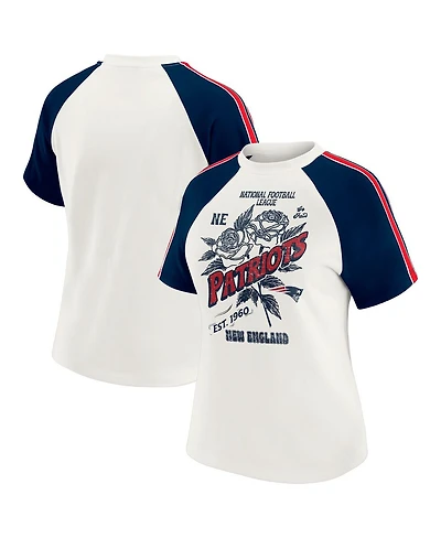 Wear by Erin Andrews Women's White New England Patriots Sleeve Stripe Distressed Raglan T-Shirt
