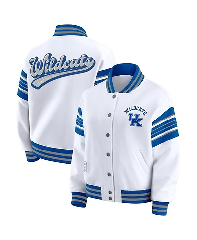 Wear by Erin Andrews Women's White/Royal Kentucky Wildcats Satin Stitch Full-Snap Fleece Sweatshirt Jacket
