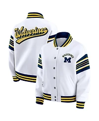 Wear by Erin Andrews Women's White/Navy Michigan Wolverines Satin Stitch Full-Snap Fleece Sweatshirt Jacket