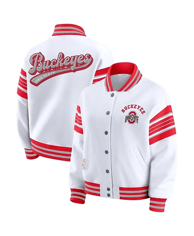 Wear by Erin Andrews Women's White/Scarlet Ohio State Buckeyes Satin Stitch Full-Snap Fleece Sweatshirt Jacket