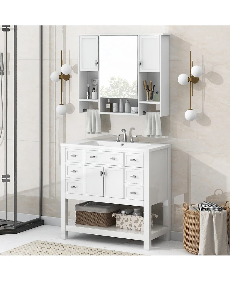 Casainc 36'' Bathroom Vanity with Top Sink, Mirror Cabinet with Towel Bar, 2 Doors & 6 Drawers
