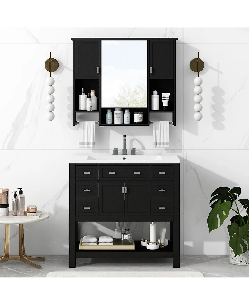 Casainc 36'' Bathroom Vanity with Top Sink, Mirror Cabinet Towel Bar, 2 Doors & 6 Drawers