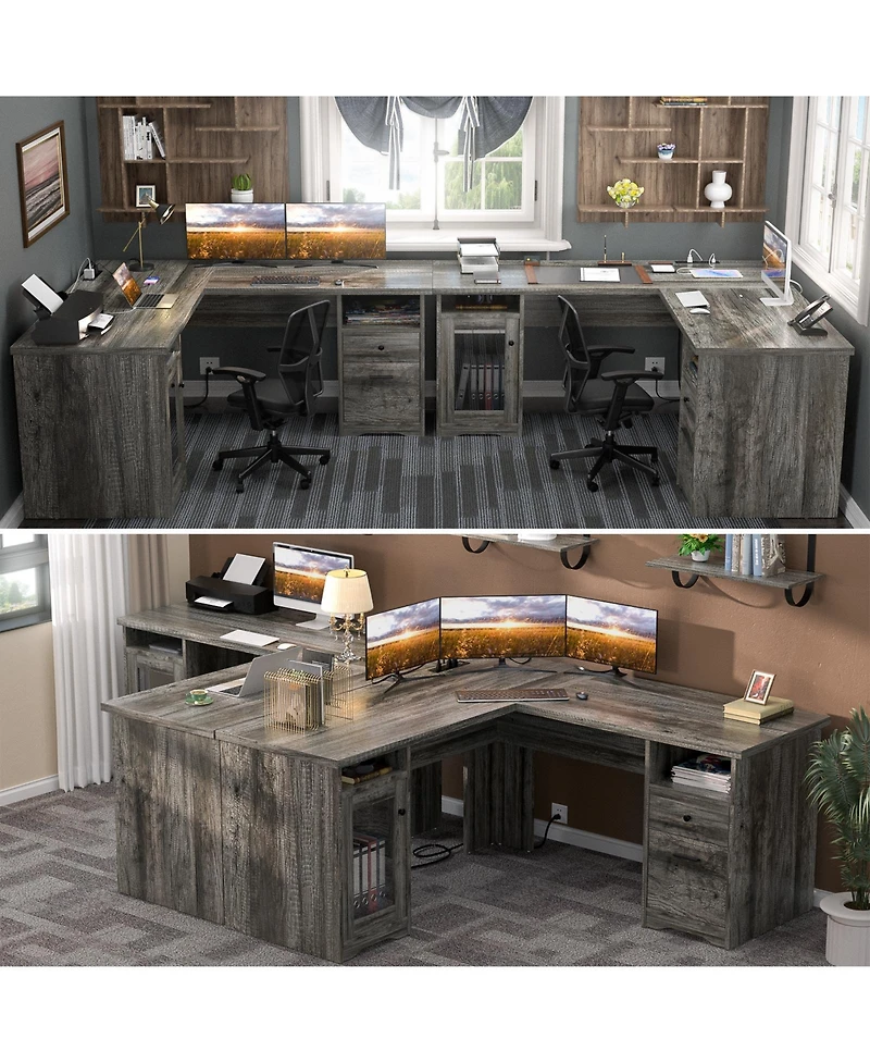 L Shaped Desk with Charging Station, Computer Workstation File Cabinet and Drawers for Office