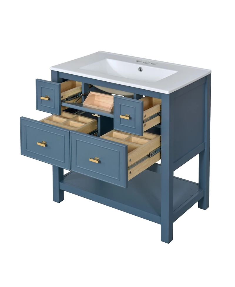 Casainc 30-Inch Bathroom Vanity with Ceramic Sink Combo, Freestanding Single Vanity, 5 Drawers & Solid Wood Storage