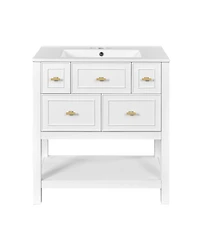 Casainc 30-Inch Bathroom Vanity with Ceramic Sink Combo, Freestanding Single Vanity, 5 Drawers & Solid Wood Storage