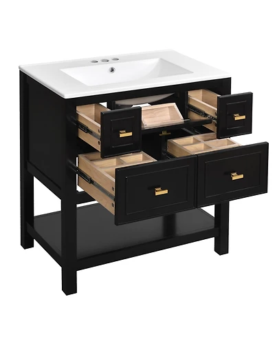 Casainc 30-Inch Bathroom Vanity with Ceramic Sink Combo, Freestanding Single Vanity, 5 Drawers & Solid Wood Storage