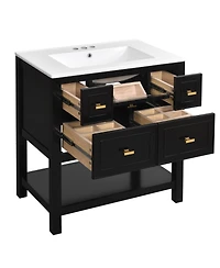 Casainc 30-Inch Bathroom Vanity with Ceramic Sink Combo, Freestanding Single Vanity, 5 Drawers & Solid Wood Storage