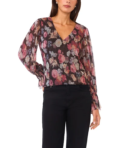 Vince Camuto Women's Long Sleeve V-Neck Shirred Cuffs Top