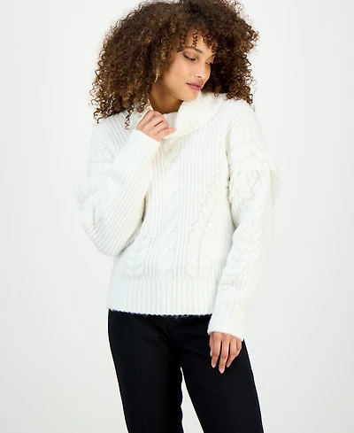 I.n.c. International Concepts Petite Fringe-Trim Cable Knit Turtleneck Sweater, Macy's Exclusive