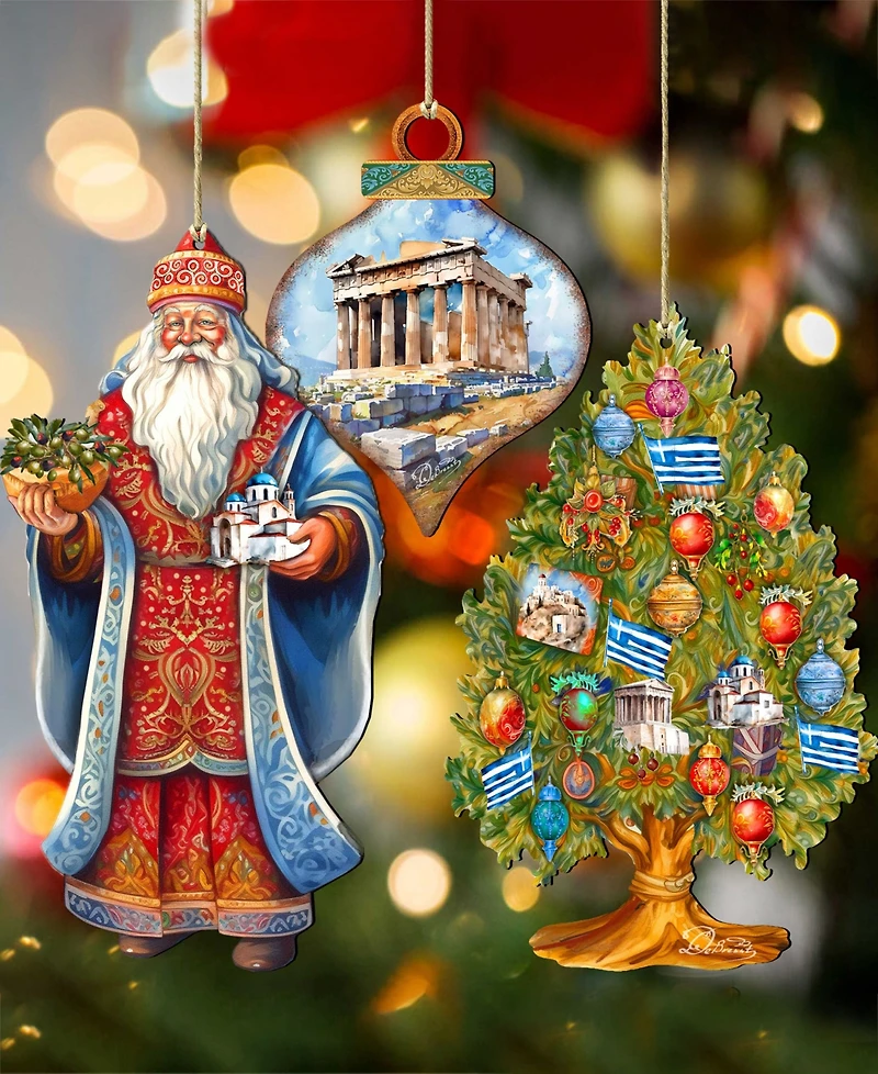 Designocracy Greece Inspired Santa Ornaments, Set of 3