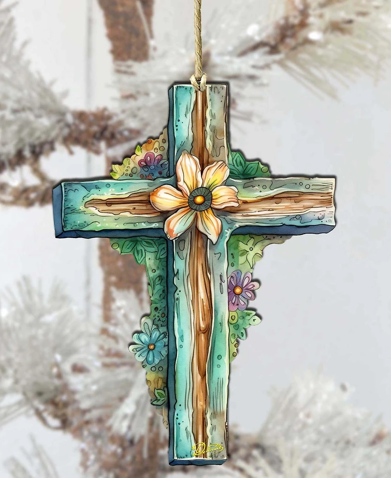 Designocracy Holiday Teal Cross Wooden Ornament