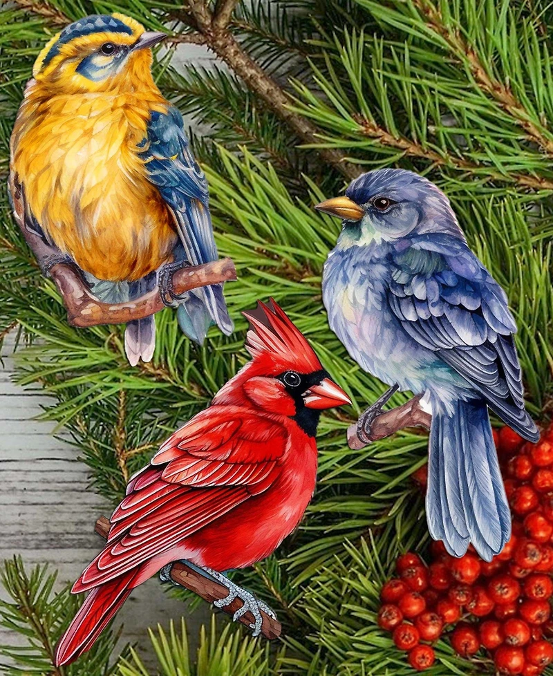 Designocracy Winter Birds Wood Clip-on Ornaments, Set 3