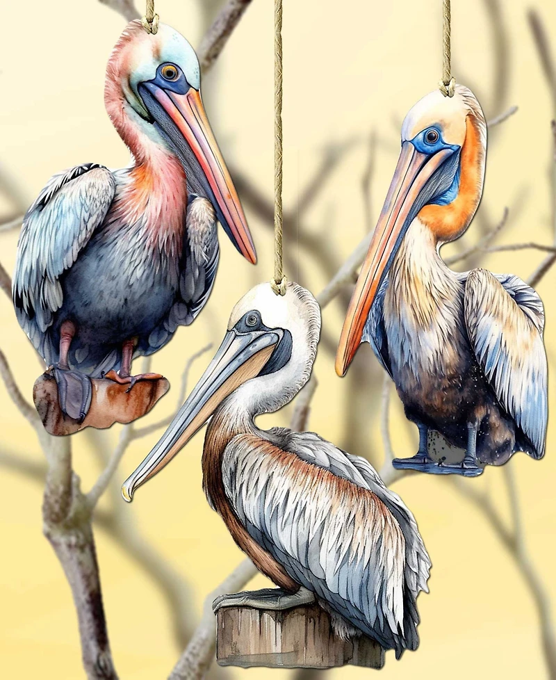 Designocracy Pelicans Christmas Wooden Ornaments, Set of 3