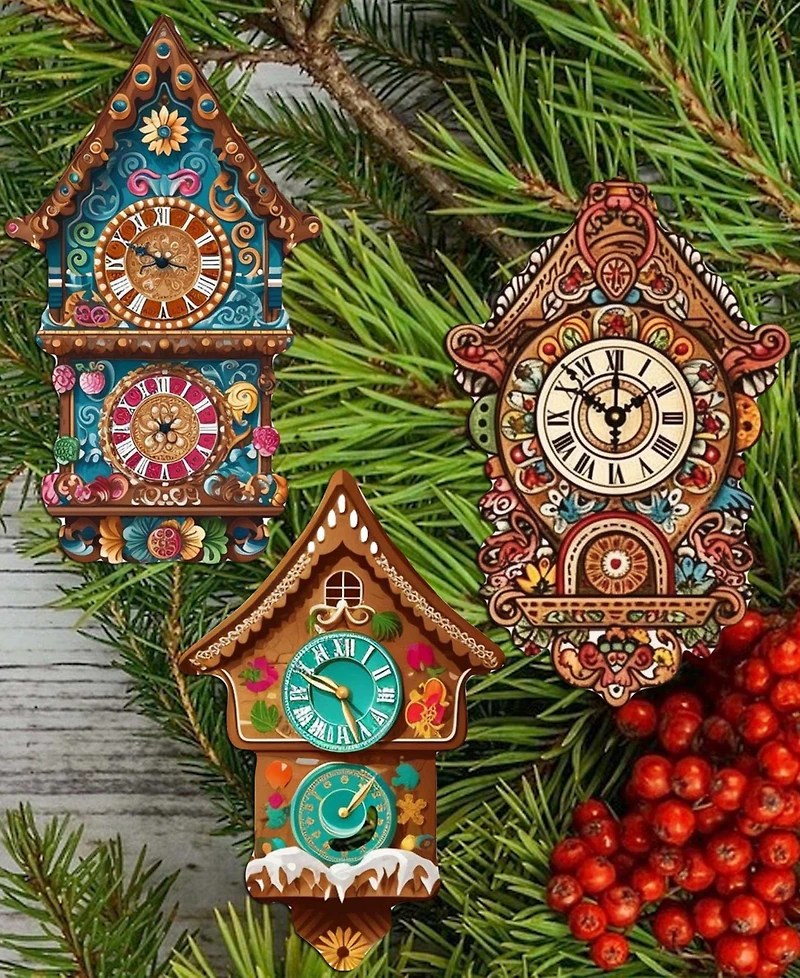 Designocracy Miniature Clock Wood Clip Ornaments, Set of 3