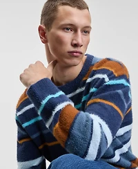 Mode of One Men's Relaxed Fit Long Sleeve Fuzzy Striped Crewneck Sweater, Macy's Exclusive
