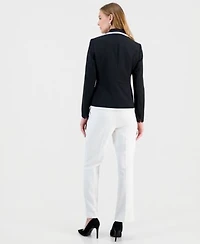 Kasper Womens Stretch Crepe Two Button Jacket Printed Knot Neck Sleeveless Top Button Tab Wide Leg Pants