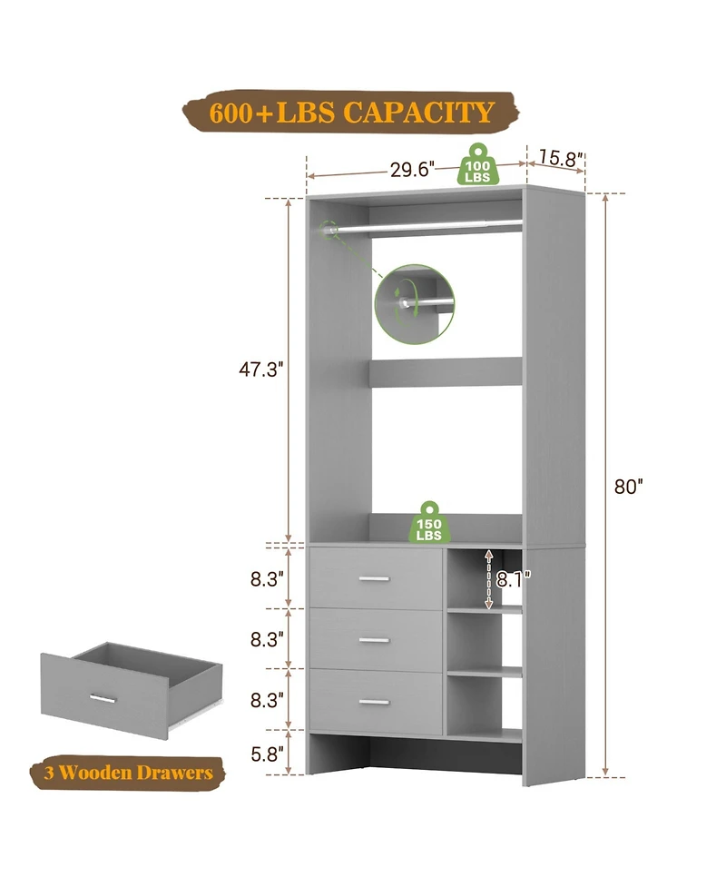30" Freestanding Closet Organizer with Hanging Rods and Drawers, System Storage Shelves