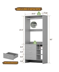 30" Freestanding Closet Organizer with Hanging Rods and Drawers, System Storage Shelves