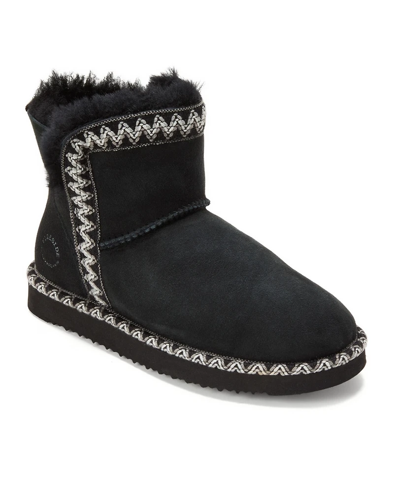 Fireside by Dearfoams Women's Perth Genuine Shearling Fold Down Bootie with Embroidery