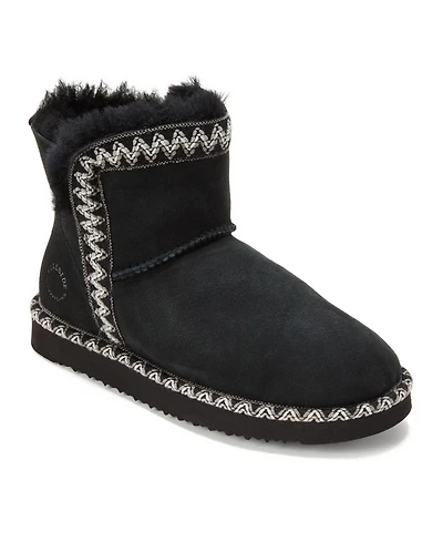 Fireside by Dearfoams Women's Perth Genuine Shearling Fold Down Bootie with Embroidery