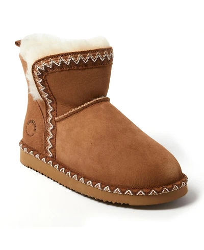 Fireside by Dearfoams Women's Perth Genuine Shearling Fold Down Bootie with Embroidery