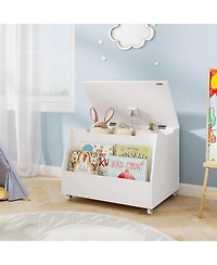 Kids Toy Box Wooden Mobile Toy Storage Organizer with Bookshelf & Lockable Wheels