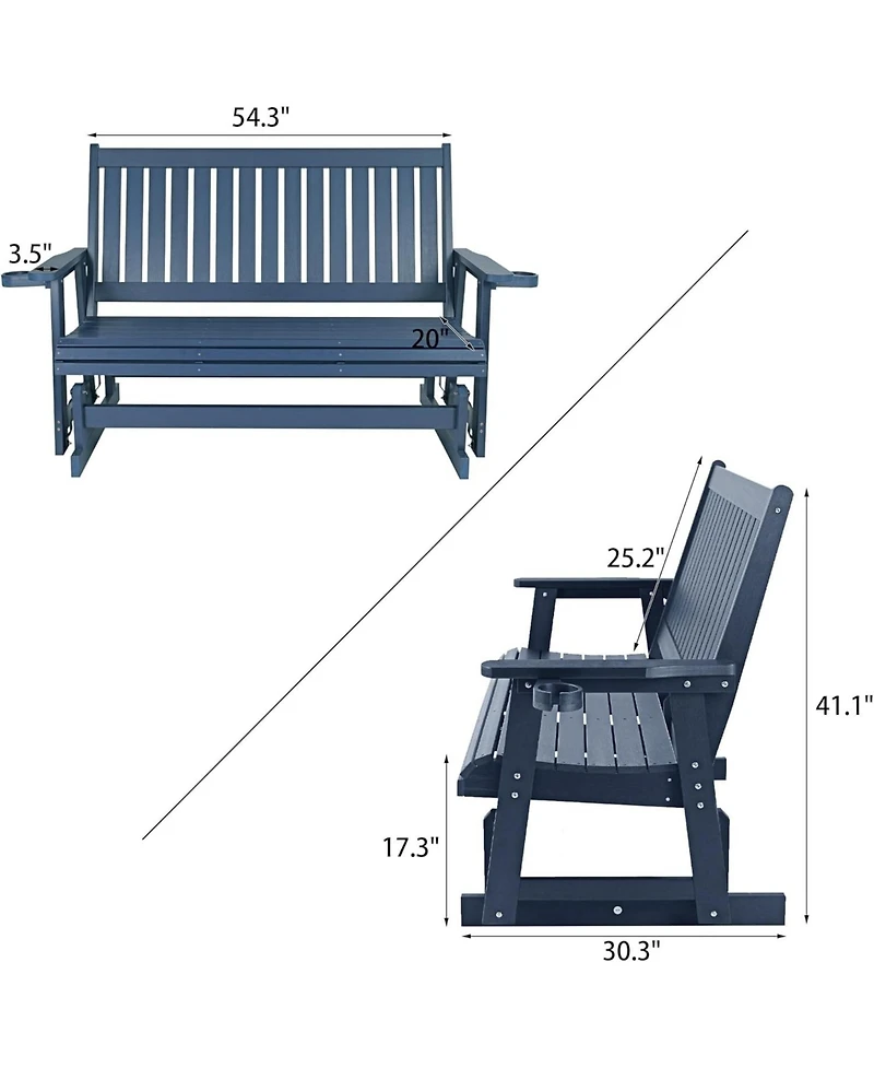 Hips Patio Glider with Cup Holders, Durable Poly Lumber Material, High Backrest and Deep Contoured Seat, Heavy Duty 900 Lb, for Outdoor, Porch, Patio