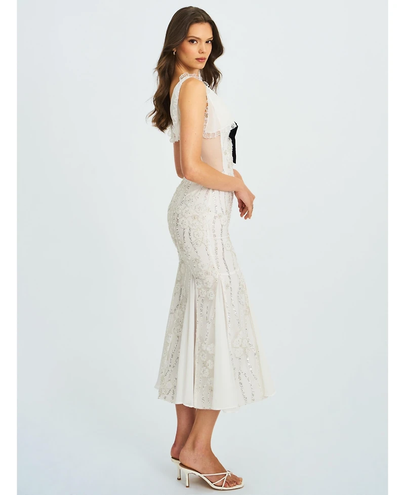 Miss Circle Women Paola White Peter Pan Collar Beaded Sequin Mermaid Midi Dress