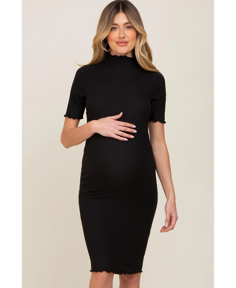 Pinkblush Maternity Black Ribbed Mock Neck Fitted Midi Dress