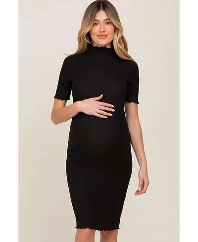 Pinkblush Maternity Black Ribbed Mock Neck Fitted Midi Dress