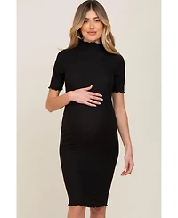 Pinkblush Maternity Black Ribbed Mock Neck Fitted Midi Dress