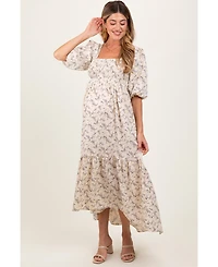 Pinkblush Maternity Ivory Floral Smocked Hi-Low Puff Sleeve Maxi Dress
