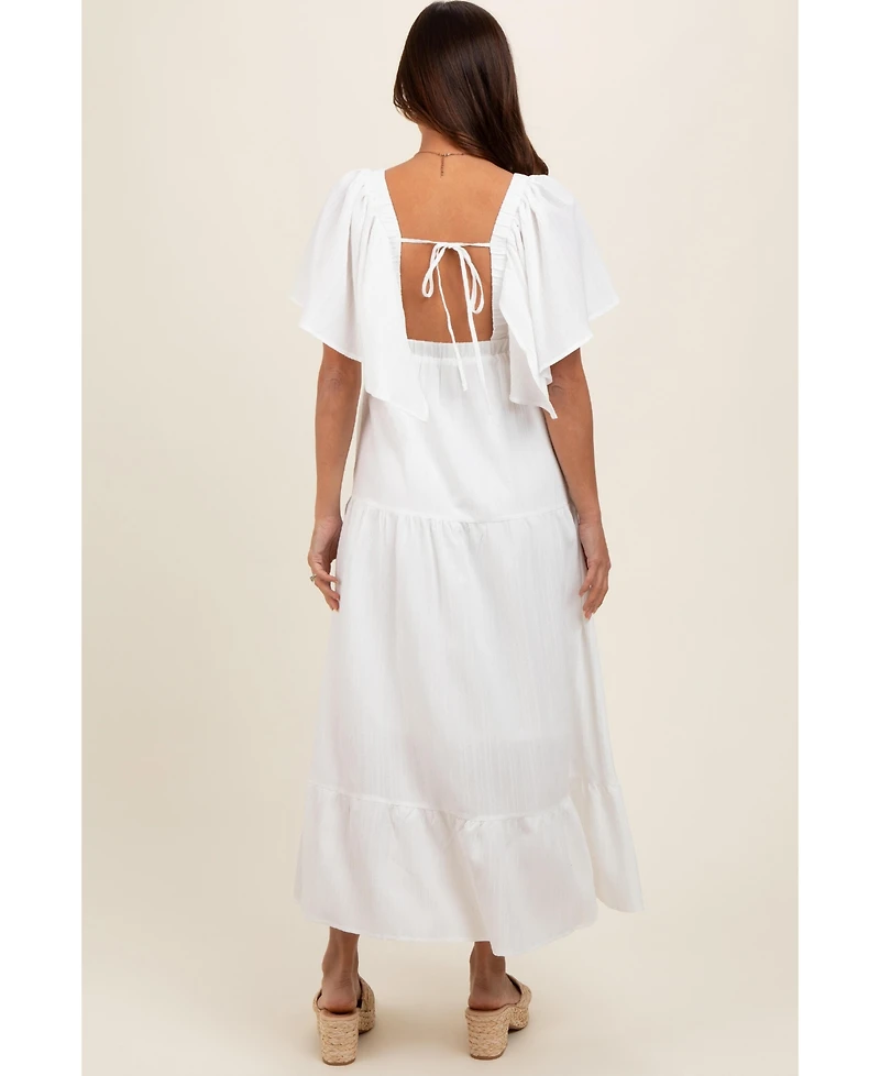 Pinkblush Maternity Ivory Deep V-Neck Flutter Sleeve Tiered Midi Dress