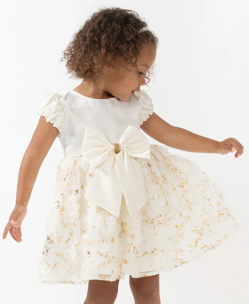 Rare Editions Baby Girls 2-Piece Satin Bodice 3D Flower Jacket Dress and Diaper Cover Set