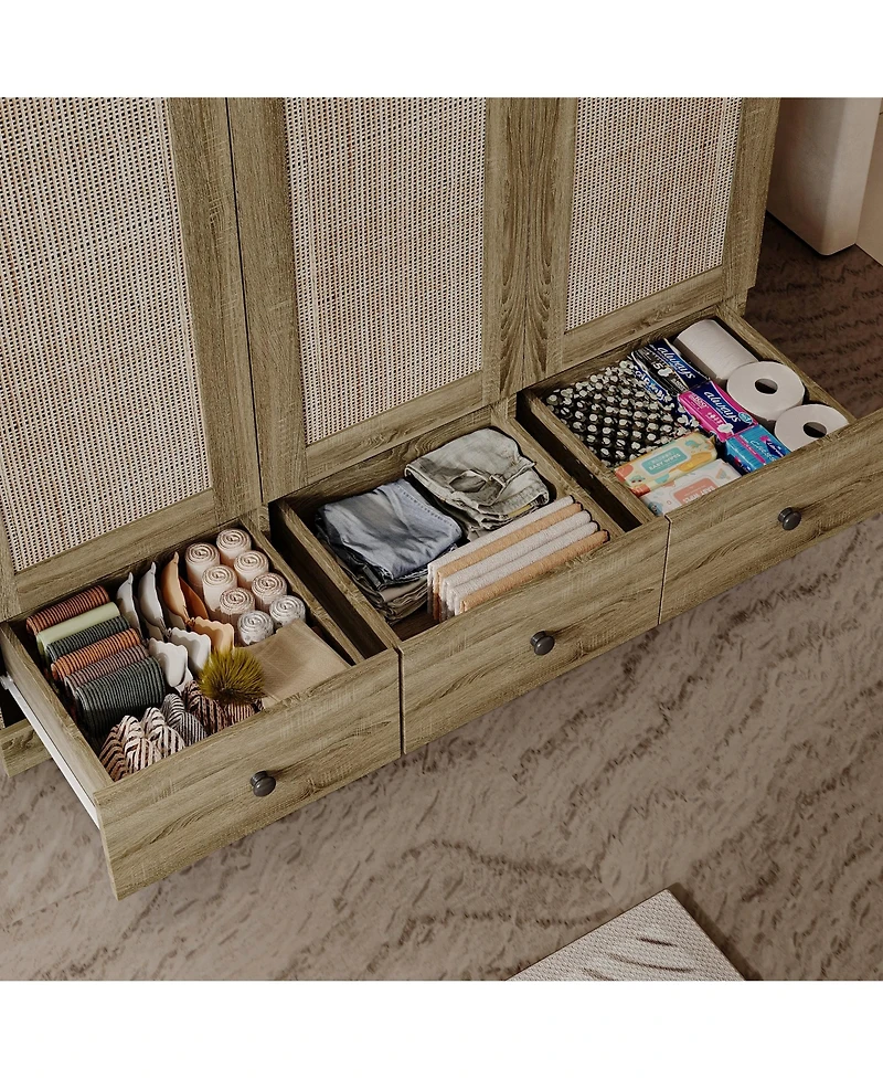 Homsee Rattan Doors Wardrobe with 3-Drawers, Hanging Rod,Bedroom Armoire,Closet