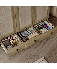 Homsee Rattan Doors Wardrobe with 3-Drawers, Hanging Rod,Bedroom Armoire,Closet