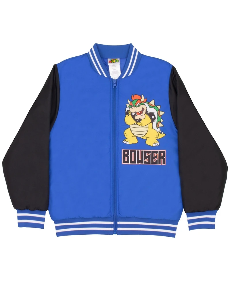 Mario Boys Super Bros Bowser Zip-Up Graphic Print Bomber Varsity Jacket