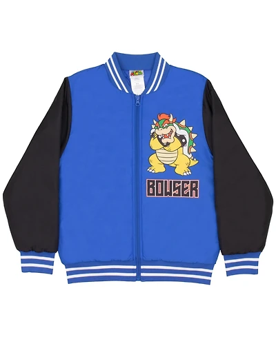 Mario Boys Super Bros Bowser Zip-Up Graphic Print Bomber Varsity Jacket