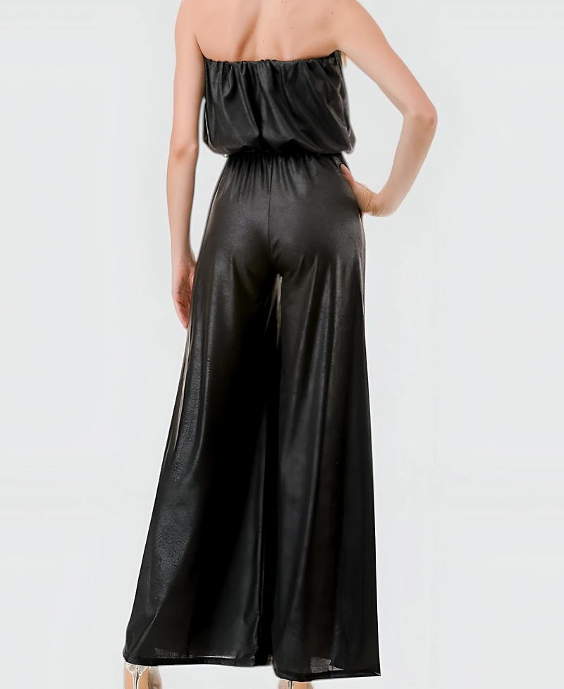 Modenaire Women's Strapless Satin Belted Jumpsuit