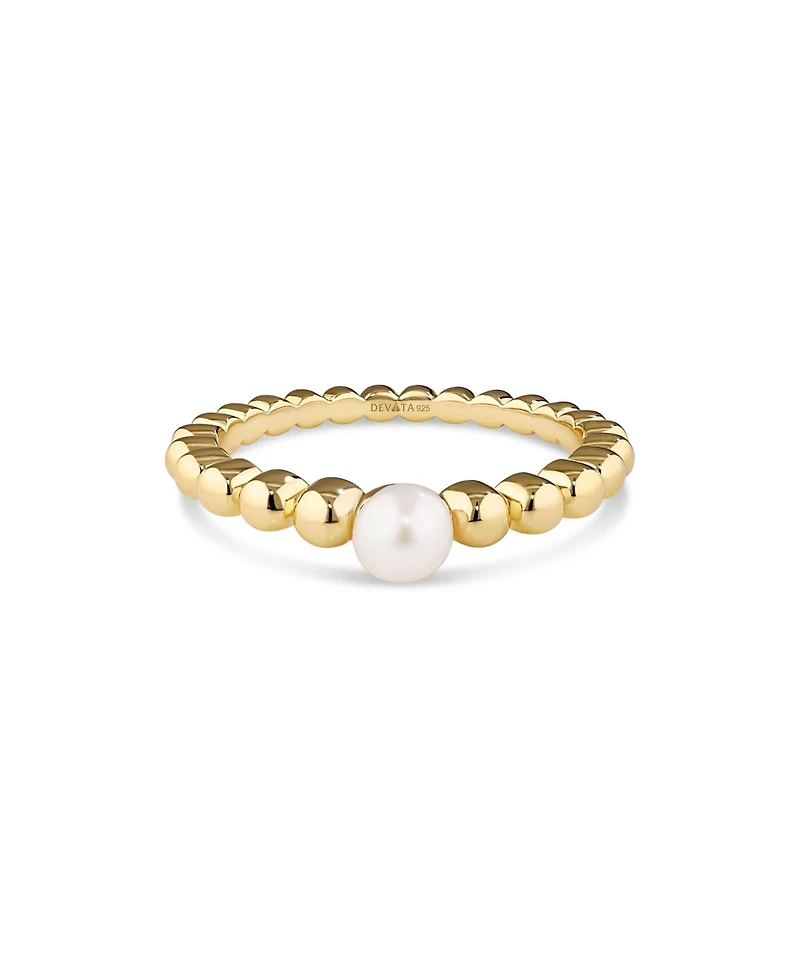 Devata Freshwater Pearl on Beaded Ball Ring Gold Plated Sterling Silver, 9